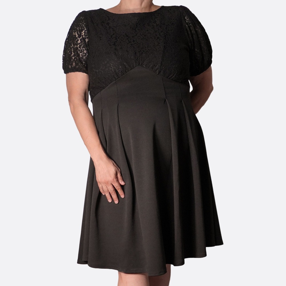 Unique Vintage Lace Ponte Swing Dress XL 1X 2X 14 16 18 Black Pleated Retro 50s